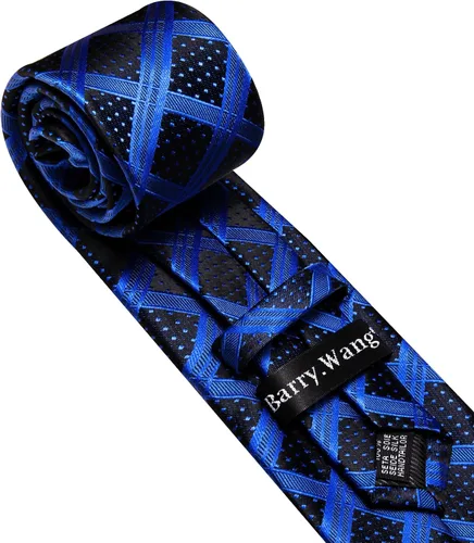 Vista 49 de Barry.Wang Juego de corbatas a cuadros para hombre con pañuelo gemelos de rayas clásicas