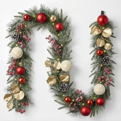 Vista 16 de Valery Madelyn - Guirnalda de Navidad de 1,8 m, preiluminada, con luces, para manto, guirnalda navideña iluminada para exteriores, con bolas