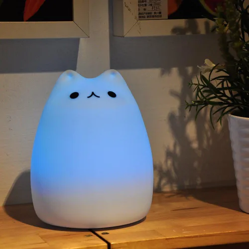 Vista 6 de WoneNice Linda luz nocturna de gatito, bonita lámpara de silicona recargable con blanco cálido y modos de respiración de 7 colores, control