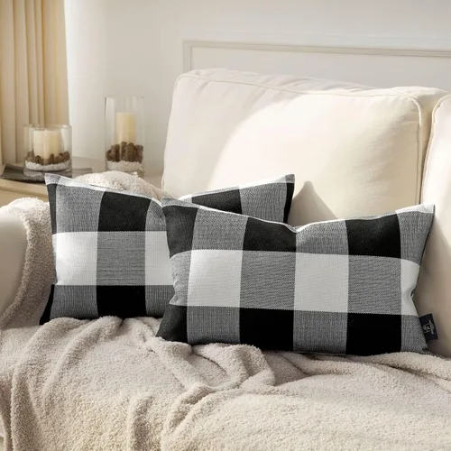 Vista 22 de Phantoscope - Juego de 2 fundas cuadradas para almohada o cojín, para decoración del hogar, diseño de cuadros de búfalo, negro y gris, 18 x 18