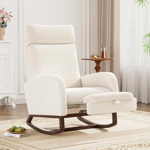 Vista 14 de Silla mecedora para guardería, balancín de respaldo alto con reposapiés, color beige Rocking Chair Nursery with Footrest Storage Pocket