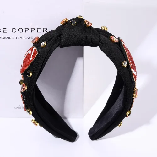 Vista 2 de Diademas anudadas de fútbol para mujer, diadema deportiva para el día del juego, diadema de cristal perlado con nudo superior ancho, accesorios