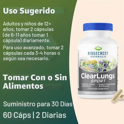 Vista 4 de RidgeCrest Herbals ClearLungs Sport para oxigenación, resistencia y rendimiento atlético - 60 cápsulas veganas