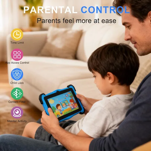 Vista 2 de Tablet Android 15 de 7 pulgadas para niños, 10 GB de RAM 64 GB de ROM, almacenamiento expandible de 1 TB, pantalla de protección ocular, control Azul