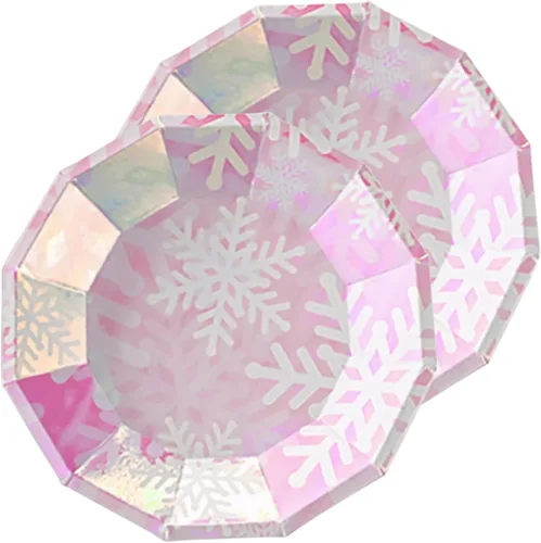 Vista 5 de Platos de Navidad con copos de nieve, platos desechables de papel rosa iridiscente con purpurina hexagonal temática de nieve, suministros de fiesta