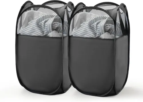Vista 12 de Cesta de malla desplegable para ropa sucia con asas duraderas - Cesta plegable portátil para dormitorio, baño y viajes (negro)