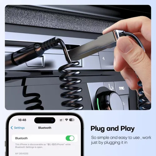 Vista 4 de GLOBELEC Adaptador auxiliar a Bluetooth 5.3, receptor adaptador de audio auxiliar USB de 0.138 in con micrófono integrado para llamadas manos