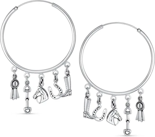 Vista 2 de Western Jewelry Blue Ribbon Horse Riding Boot Horseshoe Dangle Multi Charms Cowgirl Equine Gift Equestrian Big Horse Hoop Earrings Bracelet Cuff