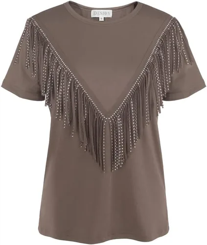 Vista 6 de PESION Camisas de manga corta con flecos para mujer, blusa con ribete de borlas