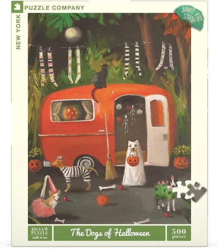 Vista 3 de New York Puzzle Company - Janet Hill Los perros de Halloween - Rompecabezas de 500 piezas para noches de juego familiares por Janet Hill