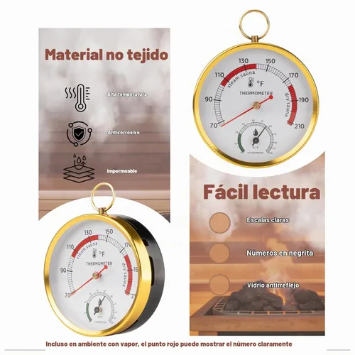 Vista 4 de Combo de termómetro de sauna Fahrenheit e higrómetro con soporte de cordón, termómetro colgante para sala de sauna, sauna de vapor portátil, rango