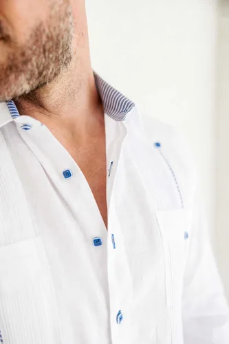 Vista 9 de Mojito Guayabera Camisa Chacabana 100% lino con contraste de manga larga y puño francés