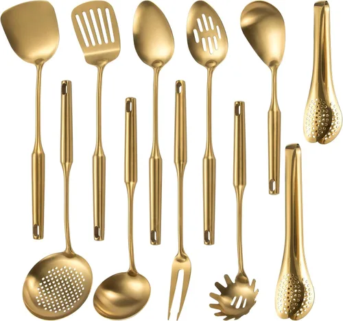 Vista 11 de Utensilios de cocina de acero inoxidable 304 con espátula, cuchara sólida, cucharón, espumadera, cuchara de espagueti, juego de 6 piezas, apto