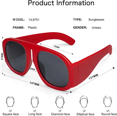 Vista 6 de VANLINKER Gafas de sol de aviador cuadradas de gran tamaño para mujeres y hombres, vintage, redondas, de los años 70, gafas de sol retro gruesas