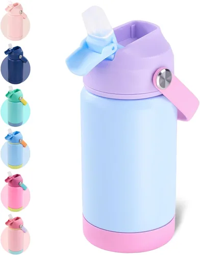 Vista 32 de Kerilyn - Botella de agua para niños, de acero inoxidable, con pajilla a prueba de fugas, con aislamiento térmico, libre de bisfenol A, unisex