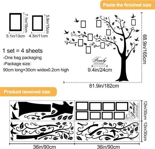 Vista 2 de Adhesivo de pared para árbol de fotos familiar grande, marco de fotos 3D, calcomanías de pared de árbol con citas extraíbles, hojas y pájaros, Negro