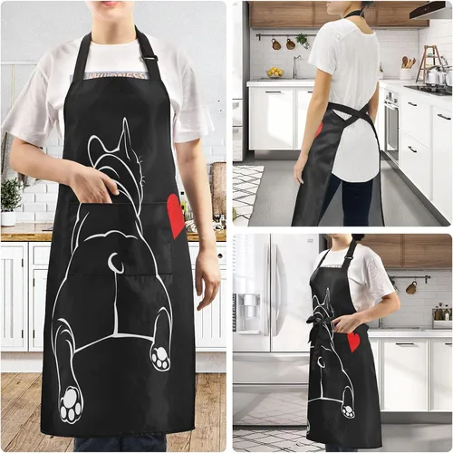 Vista 6 de ALAZA Bulldog - Delantal negro para cachorros franceses para hombres y mujeres, chef con bolsillos para cocina, barbacoa, regalos de trabajo, correa