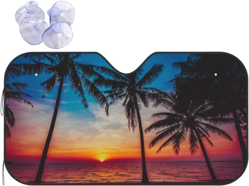 Vista 17 de Parasol de parabrisas con palmera de playa Hawaii tropical costa de verano amanecer, protector frontal plegable, visera solar para automóvil que
