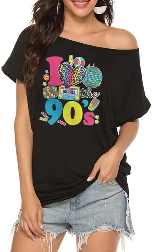 Vista 3 de Camisa de los años 80 y 90 para mujer, camiseta vintage con hombros descubiertos de los años 80 y 90, trajes de fiesta de cumpleaños de los años 80