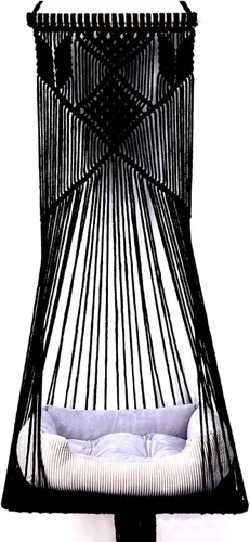 Vista 10 de Hamaca colgante de macramé para gatos, cama columpio para gatos, para ahorrar espacio, perca con algodón lavado para gatos, juguete con borlas