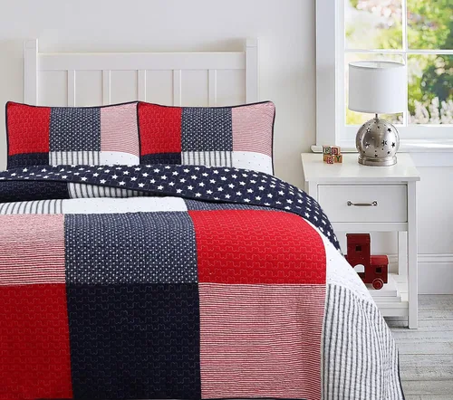 Vista 9 de Cozy Line Home Fashions Juego de ropa de cama acolchado reversible de 100% algodón con rayas azul marino y rojas, estrella patriótica para niño