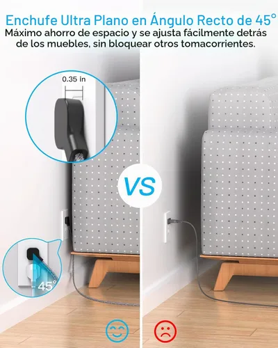 Vista 4 de One Beat Regleta protectora contra sobretensiones de enchufe plano, cable Negro y Negro
