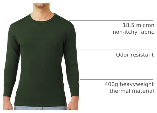 Vista 4 de MERIWOOL - Camisa térmica de manga larga para hombre, 100% lana merina, peso pesado 400g Verde militar