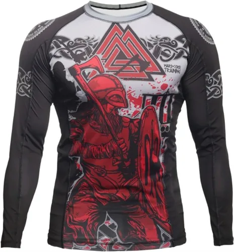 Vista 18 de Hardcore Training Camiseta de compresión para hombre, manga larga, Jiu Jitsu, MMA No-Gi, BJJ apretada, capa base de combate Negro Gris