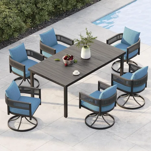 Vista 29 de Juego de comedor al aire libre Grand Patio de 5 piezas para 4, sillas de patio fijas de mimbre tejido metálico con cojines engrosados y 1 mesa