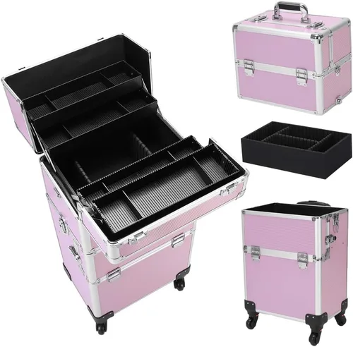 Vista 6 de Karl home Estuche de tren de maquillaje 3 en 1, carrito de cosméticos rodante, organizador de viaje de gran capacidad con llave ruedas giratorias
