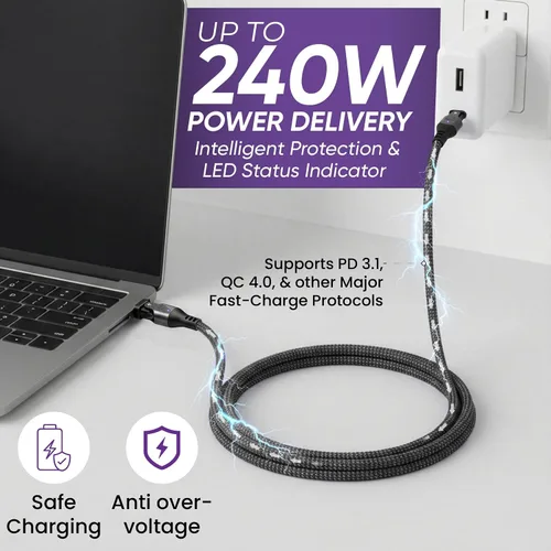 Vista 3 de Cable USB tipo C a C de rotación de 180° PD 240 W (1 paquete de 3.3 pies) USB2.0 480MBPS y cable de transferencia de datos Cable de carga