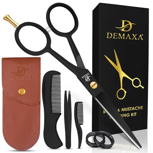Vista 10 de Tijeras profesionales para bigote de punta roma 4.2 prémium para hombres con pinzas inclinadas, 1 peine para bigote, 1 peine y bolsa para barba