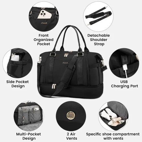 Vista 7 de Bolsa de gimnasio para mujer LOVEVOOK Travel Duffel Bag con puerto de carga USB, Negro