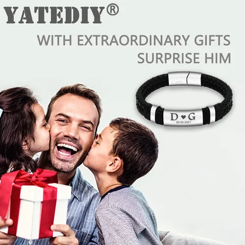 Vista 7 de Pulsera personalizada para hombres - Pulsera de cuero trenzado negro personalizada con nombre grabado para esposo novio pulseras para hombres, Sin