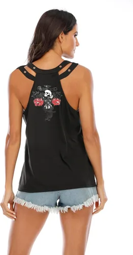 Vista 2 de Fensajomon Camiseta de calavera para mujer, sin mangas, para entrenamiento, verano, estampada, holgada, para correr