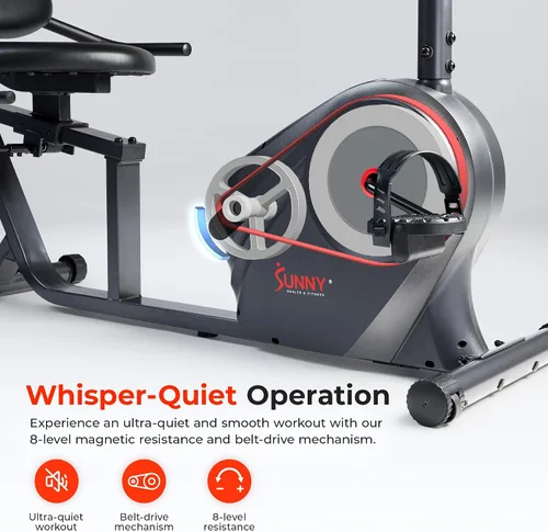 Vista 3 de Sunny Health & Fitness Smart Recumbent Bike, Wide Cushioned Seat & Back, Indoor Cycling Machine for Adult/Seniors Home Exercise, Free SunnyFit App