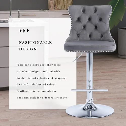 Vista 199 de SoarFlash Juego de 2 taburetes de bar tapizados de terciopelo moderno con patas de madera, botones acolchados, cabeza de clavo cromada, asiento