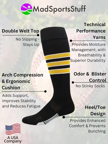 Vista 2 de MadSportsStuff Dugout - Calcetines de béisbol a rayas para jóvenes y adultos, para niños, niñas, hombres y mujeres, largo por encima