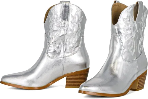 Vista 3 de STALOV Botas vaqueras cosidas para mujer, punta puntiaguda, tacón bajo y grueso, botas vaqueras occidentales bordadas