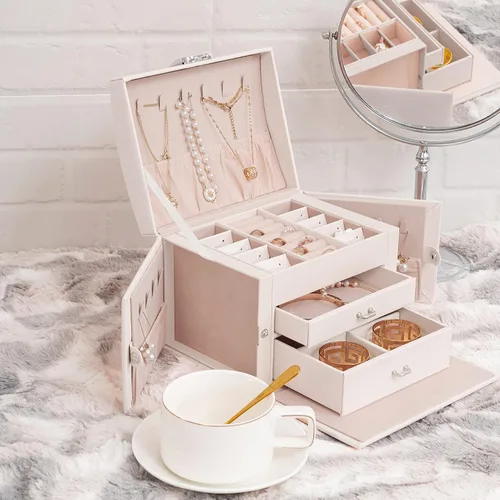 Vista 2 de Oyydecor Joyero organizador para mujeres y niñas piel sintética para personas mayores caja de almacenamiento de joyas de tamaño mediano
