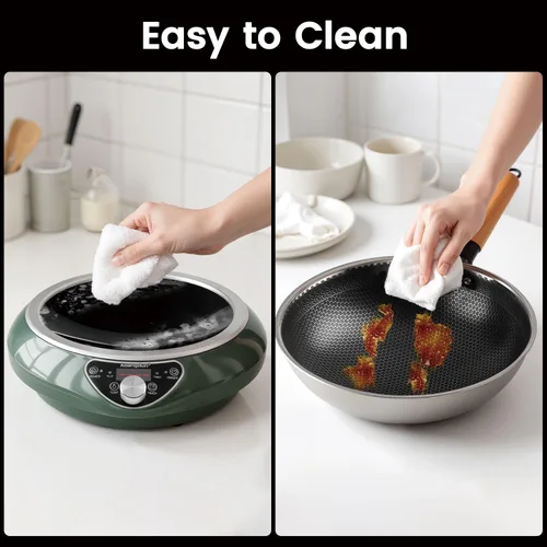 Vista 8 de Wok de inducción cóncava de 1700 W 120 V con wok de acero inoxidable, calentamiento continuo sin pulsos, 16 niveles de potencia, quemador portátil