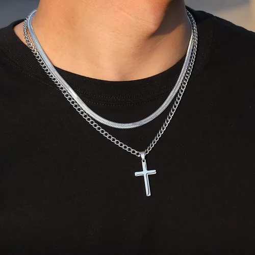 Vista 3 de Collar de cruz para hombres y niños, de acero inoxidable en capas, cadena de espiga cubana, colgante de cruz religiosa, joyería de moda, regalos