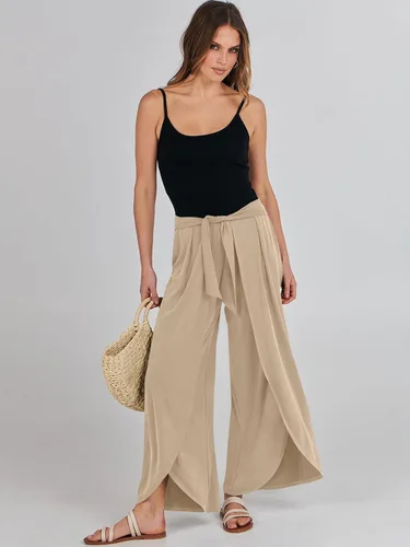 Vista 6 de ANRABESS Pantalones de verano de pierna ancha para mujer, con lazo frontal, holgados, de cintura alta, casual, con abertura, estilo bohemio, palazzo
