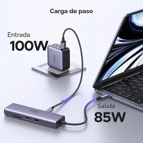 Vista 4 de UGREEN Revodok - Hub USB C 7 en 1 con adaptador Gigabit Ethernet, HDMI 4K@60Hz, carga PD de 100W, puertos de datos USB A, lector de tarjetas SD/TF