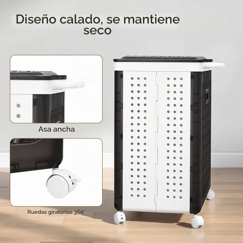 Vista 5 de VECELO Cesta de lavandería con ruedas y tapa, cesta plegable de plástico con asa, carrito de lavandería dividido rodante para espacios pequeños Negro