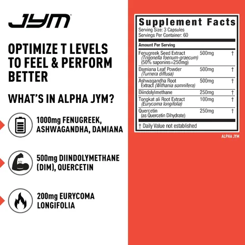 Vista 2 de Amplificador de testosterona con Ashwagandha Alpha JYM, fenugreek, eurycoma, damiana, eurycoma y más de JYM Supplement Science, 180 cápsulas