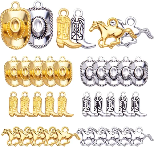 Vista 8 de 60 dijes de vaquero con temática occidental de bronce antiguo, aleación tibetana, sombrero de vaquero occidental, botas y caballos, dijes