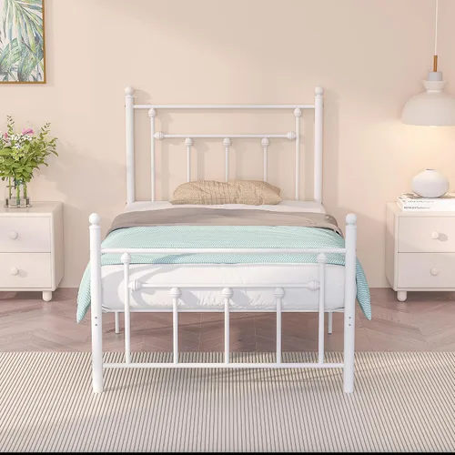 Vista 9 de VECELO Base de cama de plataforma de metal tamaño individual con cabecero y estribo, soporte de listones de acero resistente, base de colchón