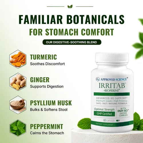 Vista 3 de Approved Science Irritab - Apoyo a la digestión irritable - 10 enzimas digestivas y psyllium, jengibre, cúrcuma - Suplemento para gases e hinchazón