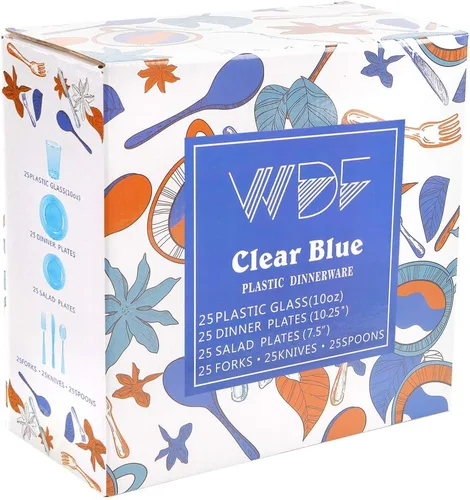 Vista 6 de WDF 25 platos azules para invitados con cubiertos desechables y vasos azules, vajilla de plástico transparente neón incluye 25 platos de cena
